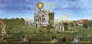 wolfgang amadeus mozart a contemporary artist s view of the structure erected in  green park for the 1749 firework display celebrating the peace of aix la chapelle. oil painting